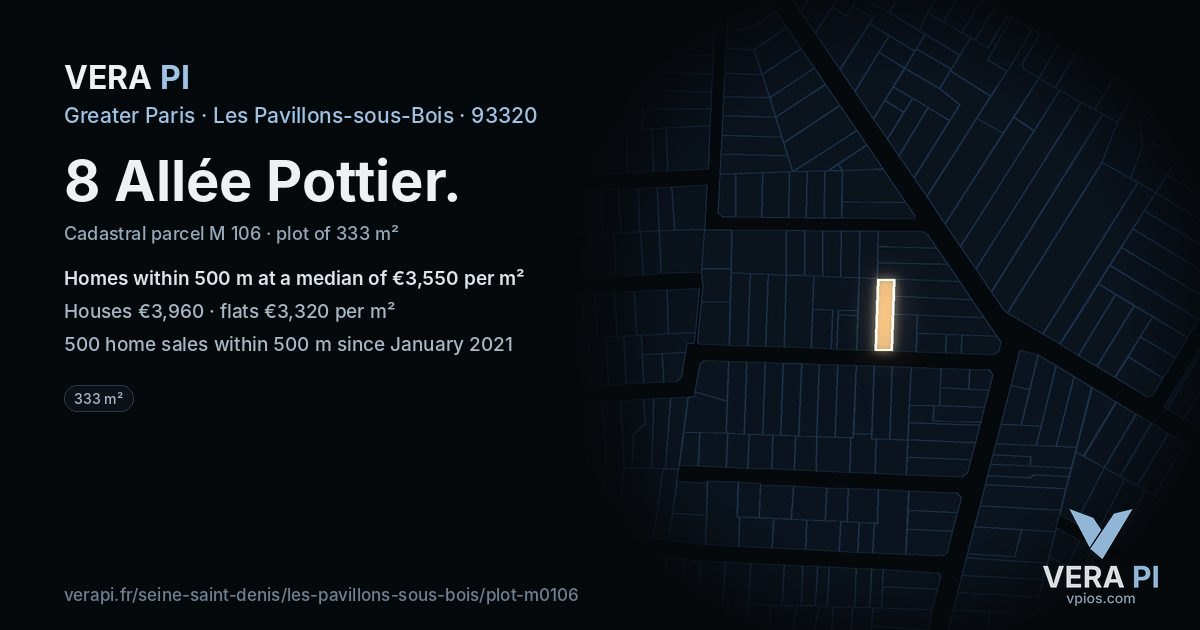 8 Allée Pottier, Les Pavillons-sous-Bois at night – the plot lit, the parcels around coloured by the prices near them
