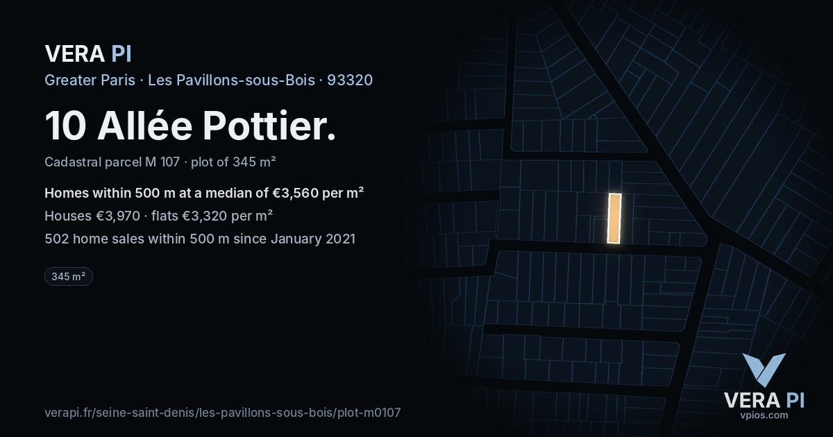 10 Allée Pottier, Les Pavillons-sous-Bois at night – the plot lit, the parcels around coloured by the prices near them
