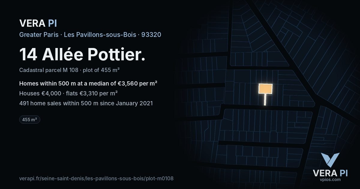 14 Allée Pottier, Les Pavillons-sous-Bois at night – the plot lit, the parcels around coloured by the prices near them