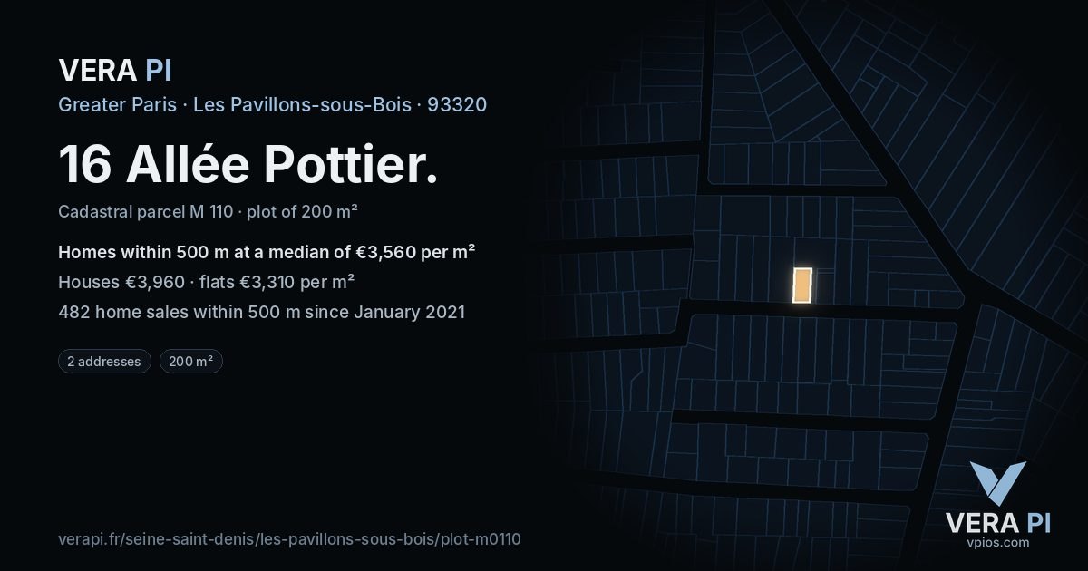 16 Allée Pottier, Les Pavillons-sous-Bois at night – the plot lit, the parcels around coloured by the prices near them