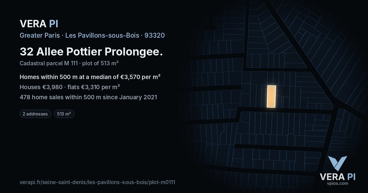 32 Allee Pottier Prolongee, Les Pavillons-sous-Bois at night – the plot lit, the parcels around coloured by the prices near them
