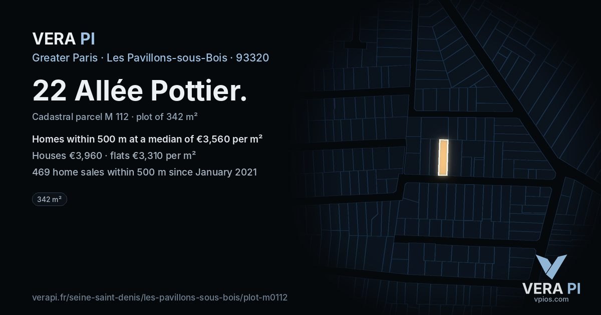 22 Allée Pottier, Les Pavillons-sous-Bois at night – the plot lit, the parcels around coloured by the prices near them