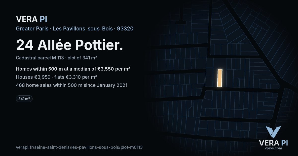 24 Allée Pottier, Les Pavillons-sous-Bois at night – the plot lit, the parcels around coloured by the prices near them