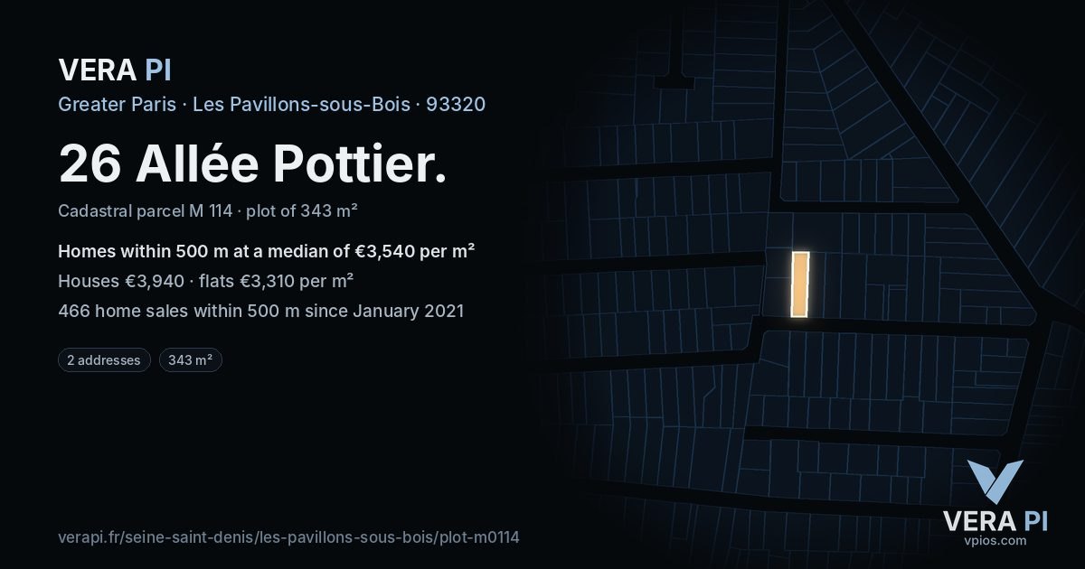 26 Allée Pottier, Les Pavillons-sous-Bois at night – the plot lit, the parcels around coloured by the prices near them