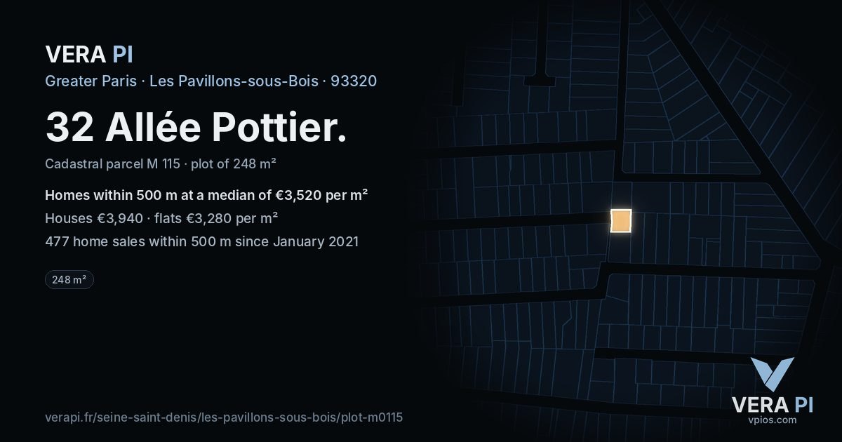32 Allée Pottier, Les Pavillons-sous-Bois at night – the plot lit, the parcels around coloured by the prices near them