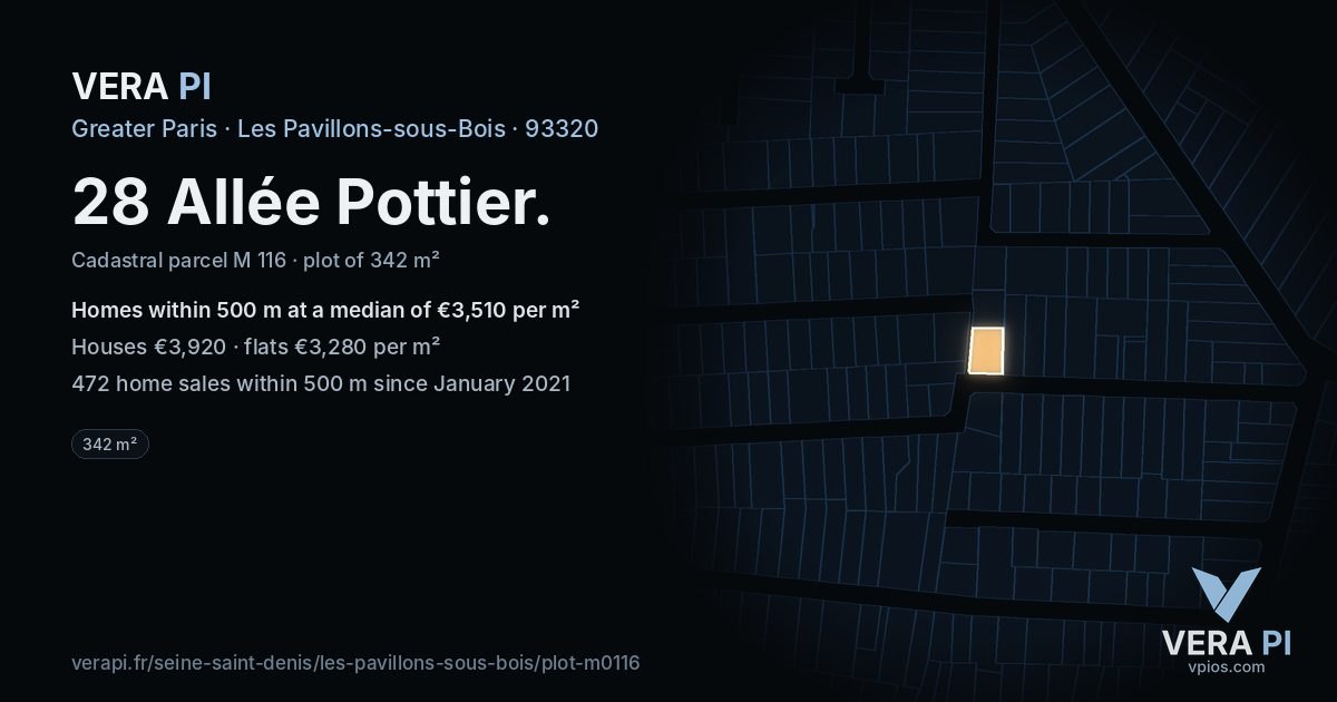 28 Allée Pottier, Les Pavillons-sous-Bois at night – the plot lit, the parcels around coloured by the prices near them
