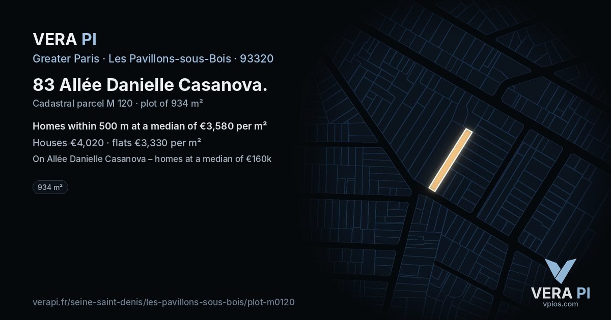 83 Allée Danielle Casanova, Les Pavillons-sous-Bois at night – the plot lit, the parcels around coloured by the prices near them