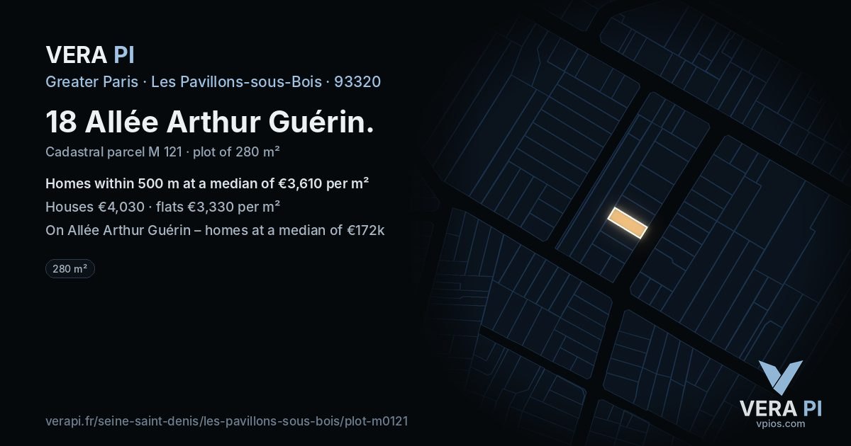 18 Allée Arthur Guérin, Les Pavillons-sous-Bois at night – the plot lit, the parcels around coloured by the prices near them
