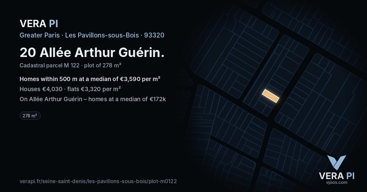 20 Allée Arthur Guérin, Les Pavillons-sous-Bois at night – the plot lit, the parcels around coloured by the prices near them