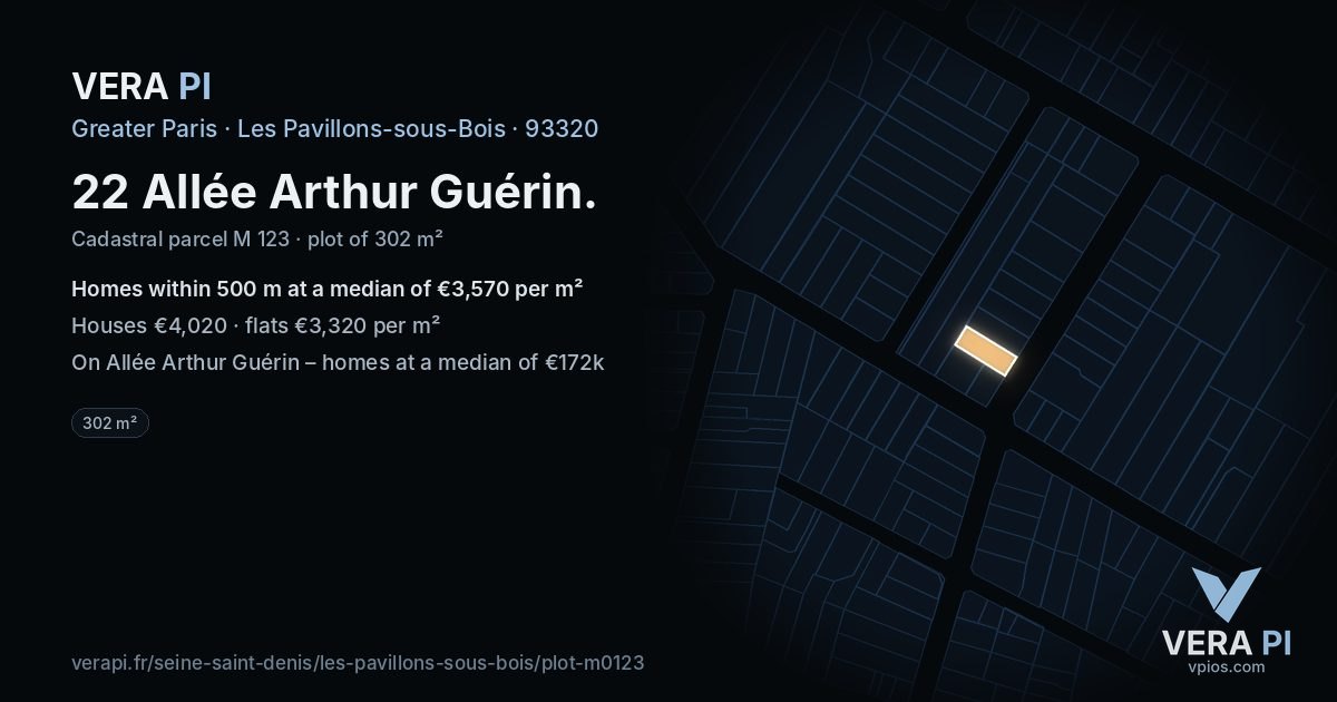22 Allée Arthur Guérin, Les Pavillons-sous-Bois at night – the plot lit, the parcels around coloured by the prices near them