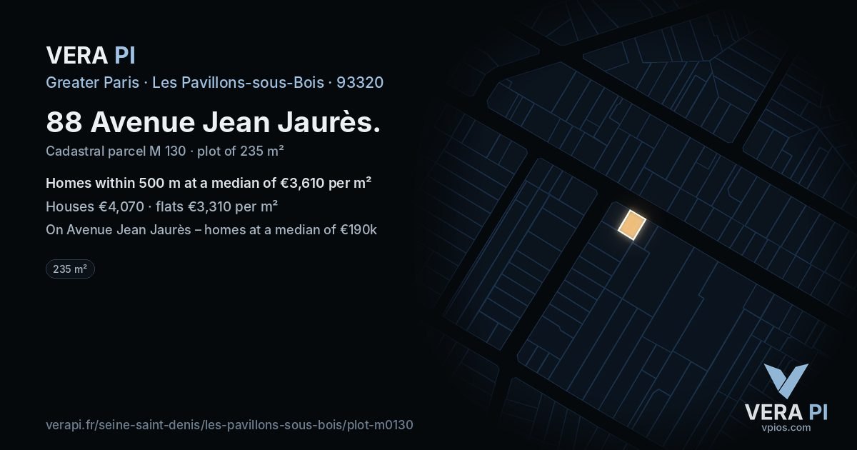 88 Avenue Jean Jaurès, Les Pavillons-sous-Bois at night – the plot lit, the parcels around coloured by the prices near them