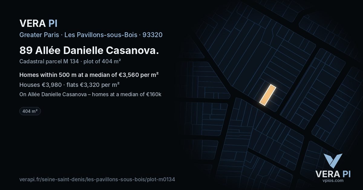 89 Allée Danielle Casanova, Les Pavillons-sous-Bois at night – the plot lit, the parcels around coloured by the prices near them