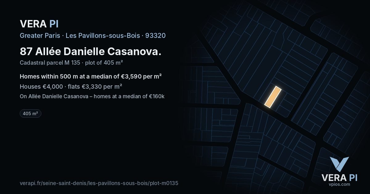 87 Allée Danielle Casanova, Les Pavillons-sous-Bois at night – the plot lit, the parcels around coloured by the prices near them