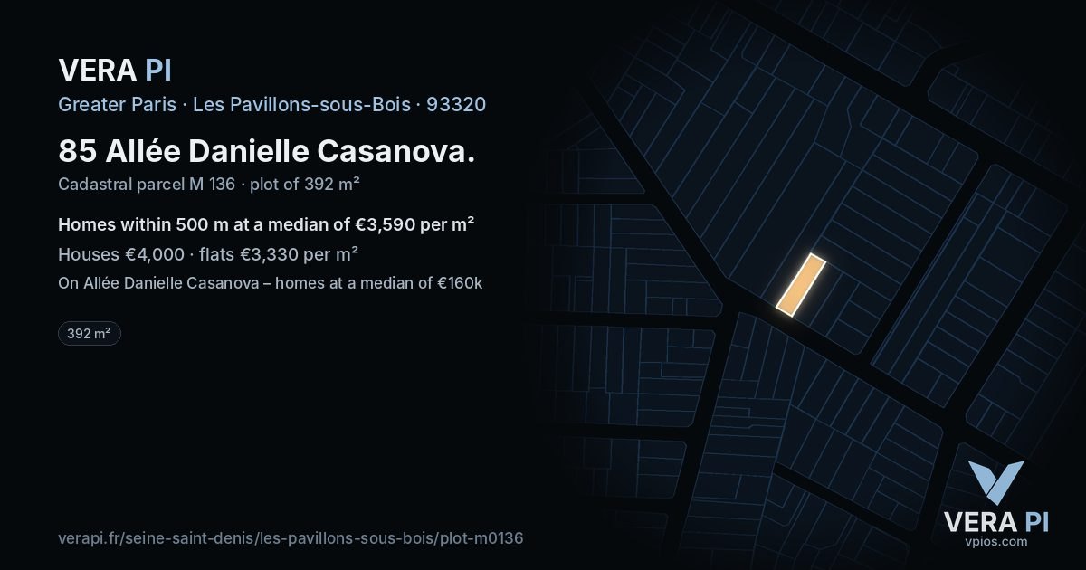 85 Allée Danielle Casanova, Les Pavillons-sous-Bois at night – the plot lit, the parcels around coloured by the prices near them