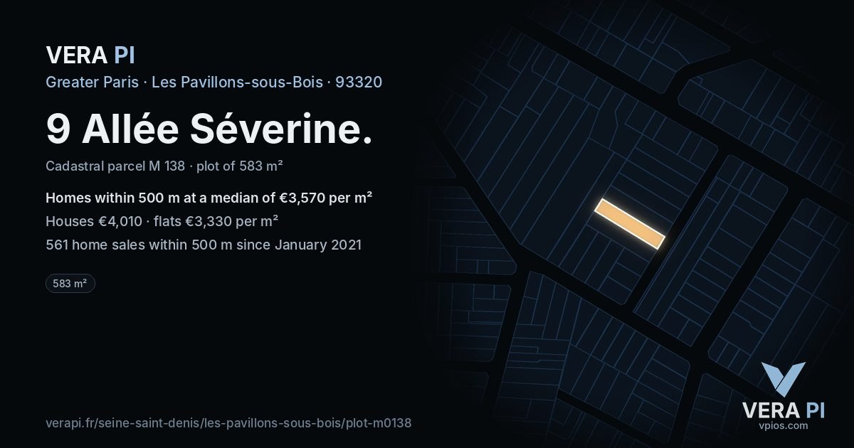 9 Allée Séverine, Les Pavillons-sous-Bois at night – the plot lit, the parcels around coloured by the prices near them