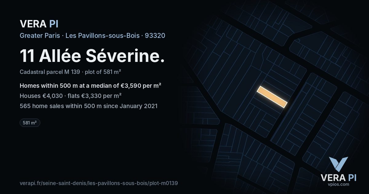 11 Allée Séverine, Les Pavillons-sous-Bois at night – the plot lit, the parcels around coloured by the prices near them