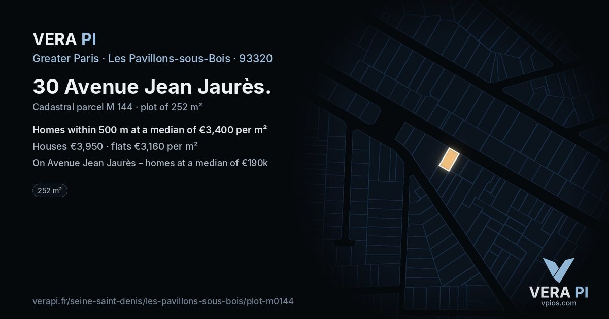 30 Avenue Jean Jaurès, Les Pavillons-sous-Bois at night – the plot lit, the parcels around coloured by the prices near them