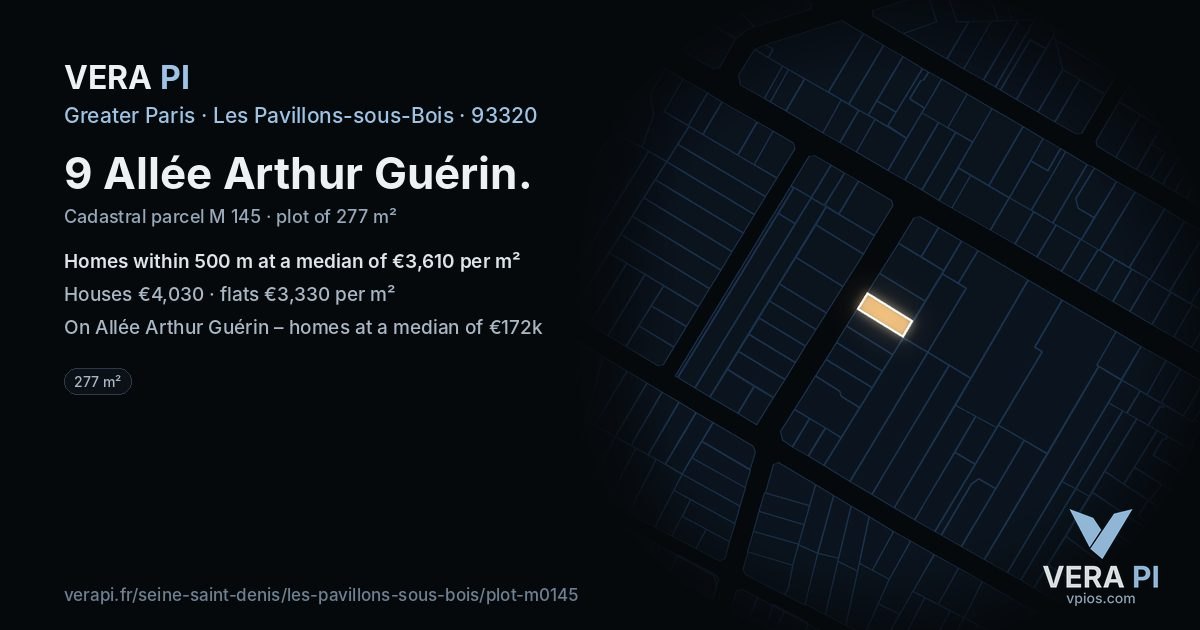 9 Allée Arthur Guérin, Les Pavillons-sous-Bois at night – the plot lit, the parcels around coloured by the prices near them