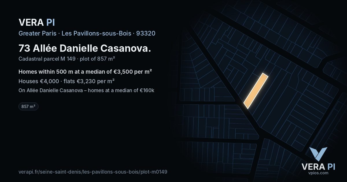 73 Allée Danielle Casanova, Les Pavillons-sous-Bois at night – the plot lit, the parcels around coloured by the prices near them