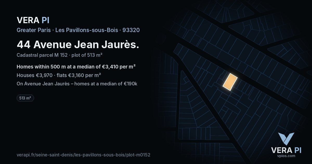 44 Avenue Jean Jaurès, Les Pavillons-sous-Bois at night – the plot lit, the parcels around coloured by the prices near them
