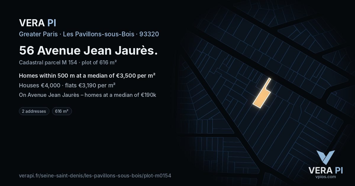 56 Avenue Jean Jaurès, Les Pavillons-sous-Bois at night – the plot lit, the parcels around coloured by the prices near them