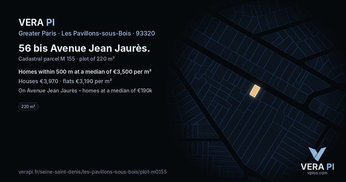 56 bis Avenue Jean Jaurès, Les Pavillons-sous-Bois at night – the plot lit, the parcels around coloured by the prices near them