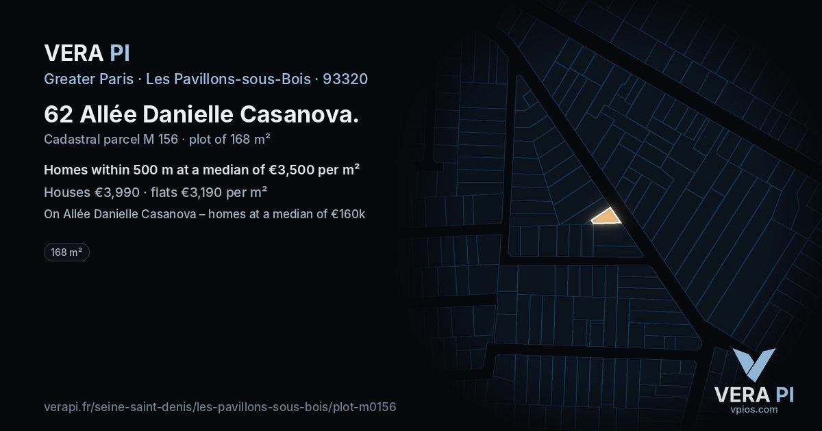 62 Allée Danielle Casanova, Les Pavillons-sous-Bois at night – the plot lit, the parcels around coloured by the prices near them