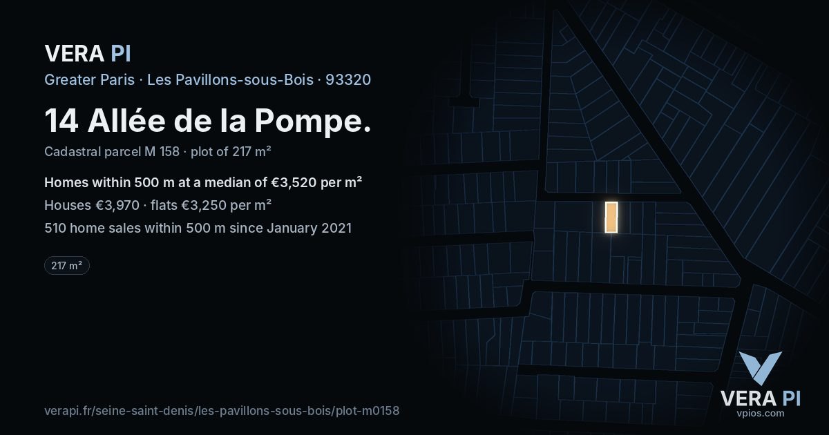 14 Allée de la Pompe, Les Pavillons-sous-Bois at night – the plot lit, the parcels around coloured by the prices near them
