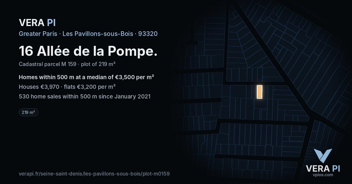 16 Allée de la Pompe, Les Pavillons-sous-Bois at night – the plot lit, the parcels around coloured by the prices near them