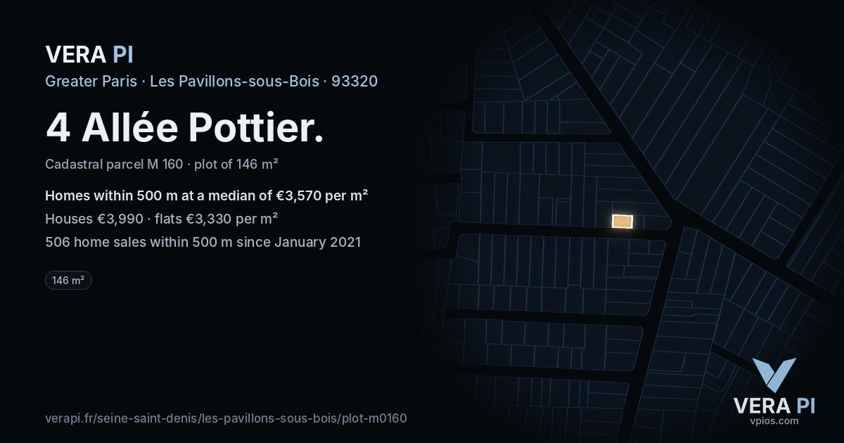 4 Allée Pottier, Les Pavillons-sous-Bois at night – the plot lit, the parcels around coloured by the prices near them