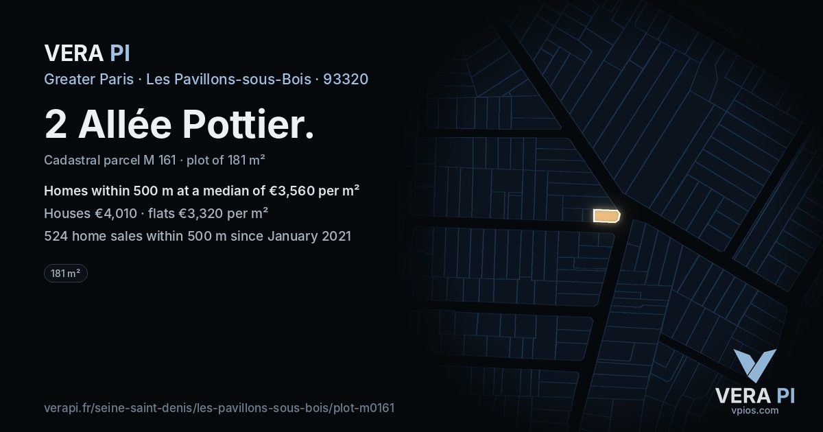 2 Allée Pottier, Les Pavillons-sous-Bois at night – the plot lit, the parcels around coloured by the prices near them