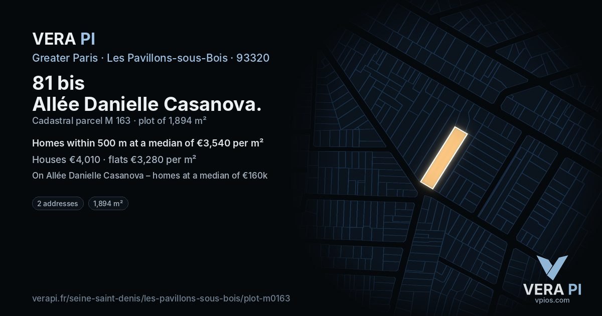 81 bis Allée Danielle Casanova, Les Pavillons-sous-Bois at night – the plot lit, the parcels around coloured by the prices near them