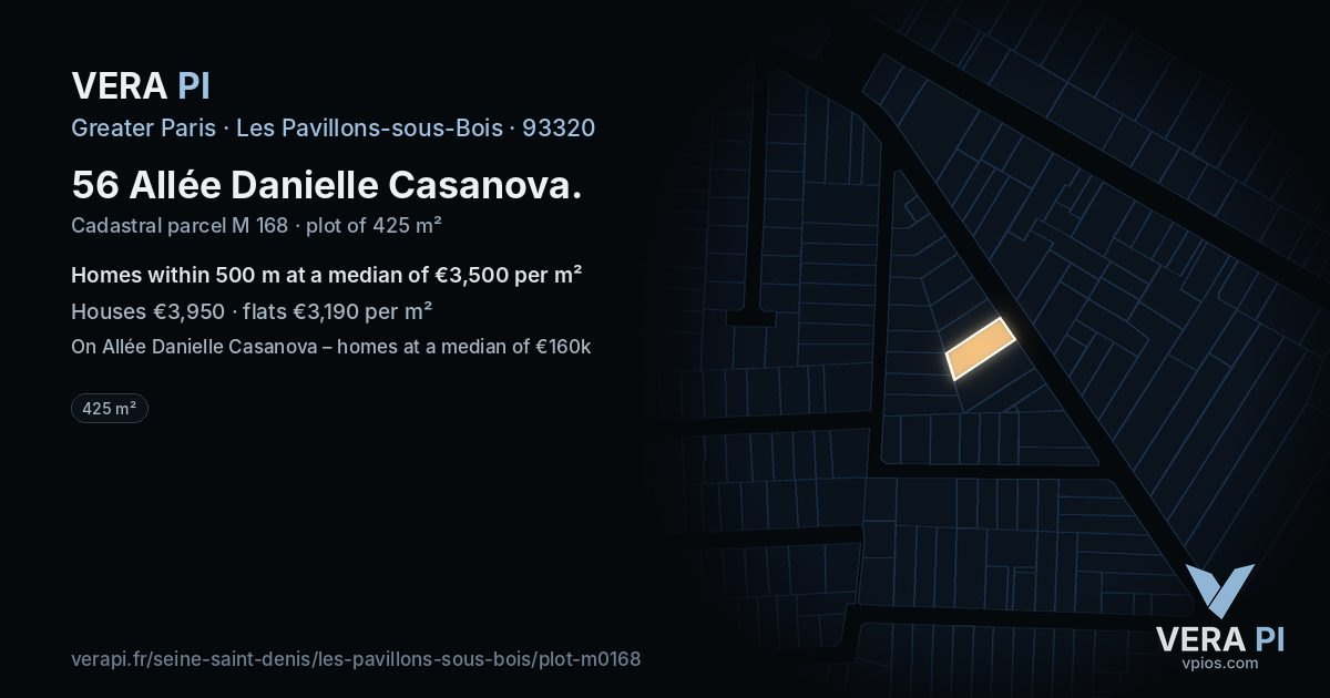 56 Allée Danielle Casanova, Les Pavillons-sous-Bois at night – the plot lit, the parcels around coloured by the prices near them