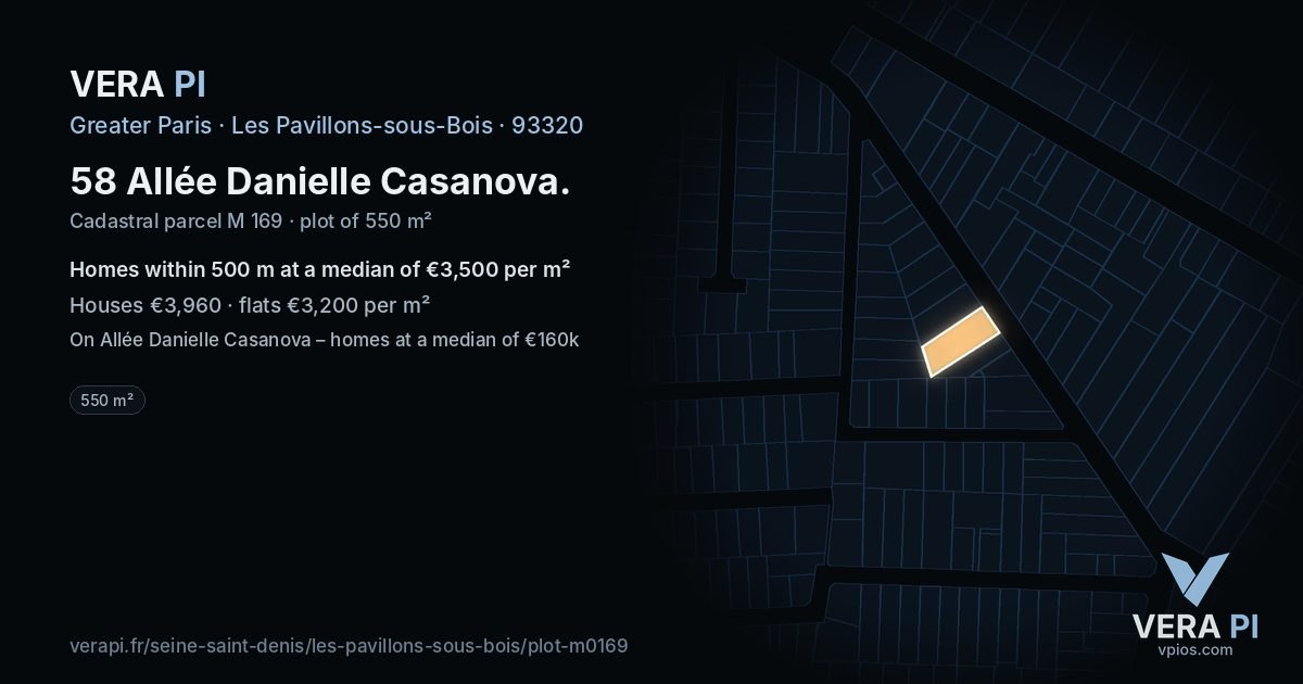 58 Allée Danielle Casanova, Les Pavillons-sous-Bois at night – the plot lit, the parcels around coloured by the prices near them