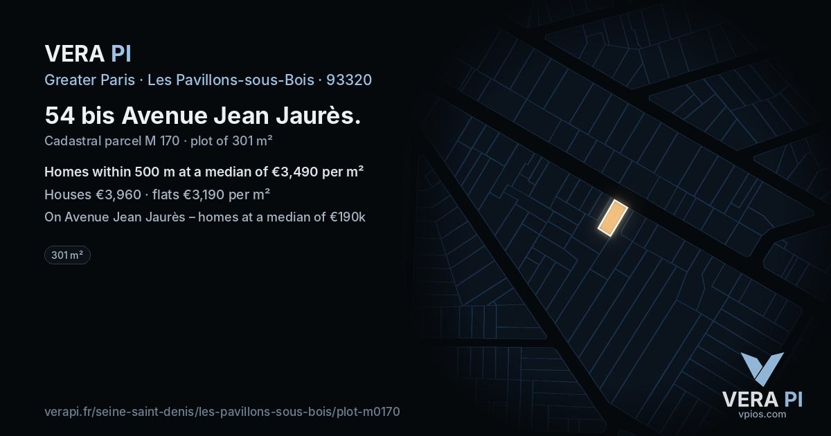 54 bis Avenue Jean Jaurès, Les Pavillons-sous-Bois at night – the plot lit, the parcels around coloured by the prices near them