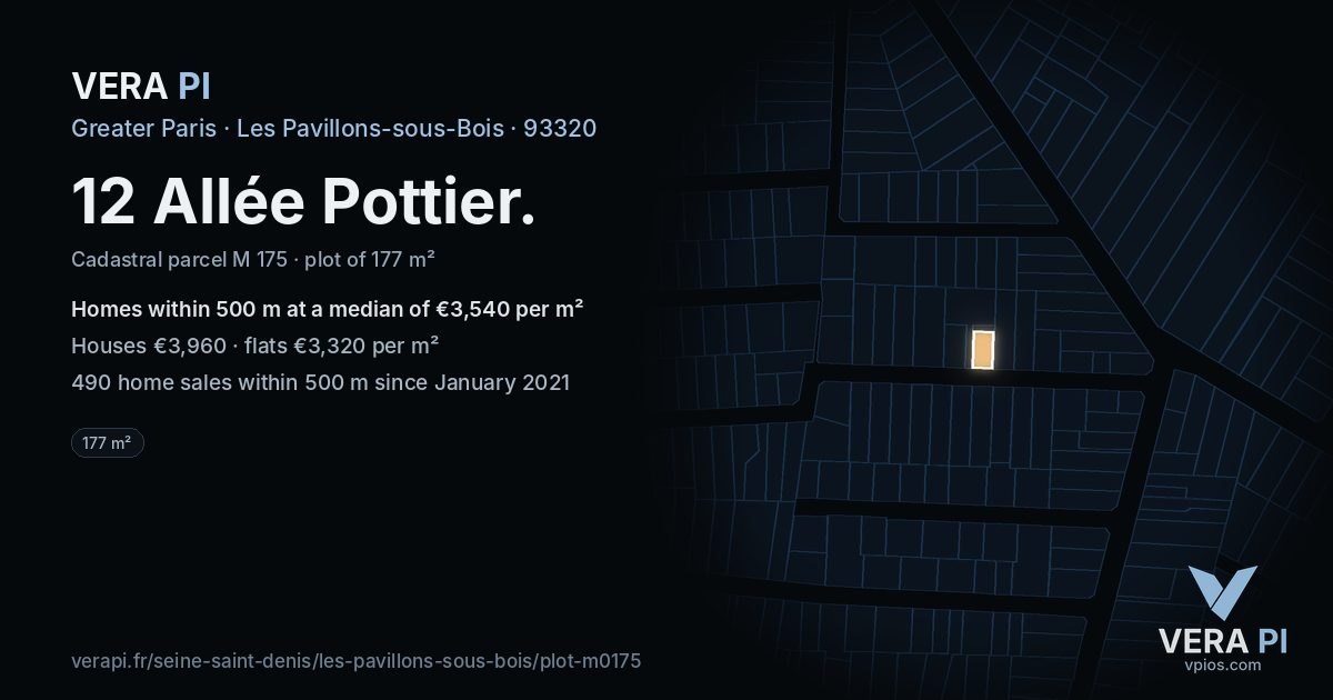 12 Allée Pottier, Les Pavillons-sous-Bois at night – the plot lit, the parcels around coloured by the prices near them
