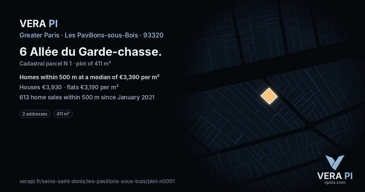6 Allée du Garde-chasse, Les Pavillons-sous-Bois at night – the plot lit, the parcels around coloured by the prices near them