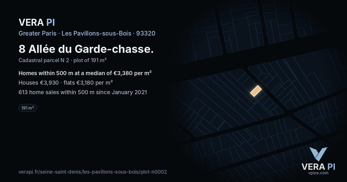 8 Allée du Garde-chasse, Les Pavillons-sous-Bois at night – the plot lit, the parcels around coloured by the prices near them
