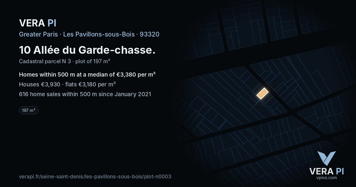 10 Allée du Garde-chasse, Les Pavillons-sous-Bois at night – the plot lit, the parcels around coloured by the prices near them