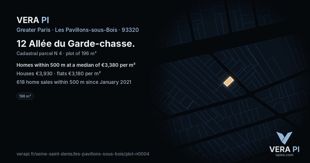 12 Allée du Garde-chasse, Les Pavillons-sous-Bois at night – the plot lit, the parcels around coloured by the prices near them