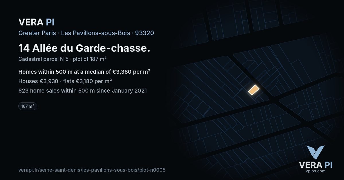 14 Allée du Garde-chasse, Les Pavillons-sous-Bois at night – the plot lit, the parcels around coloured by the prices near them