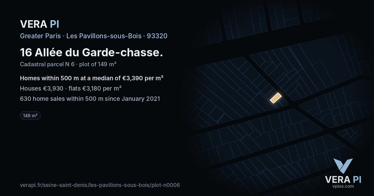 16 Allée du Garde-chasse, Les Pavillons-sous-Bois at night – the plot lit, the parcels around coloured by the prices near them
