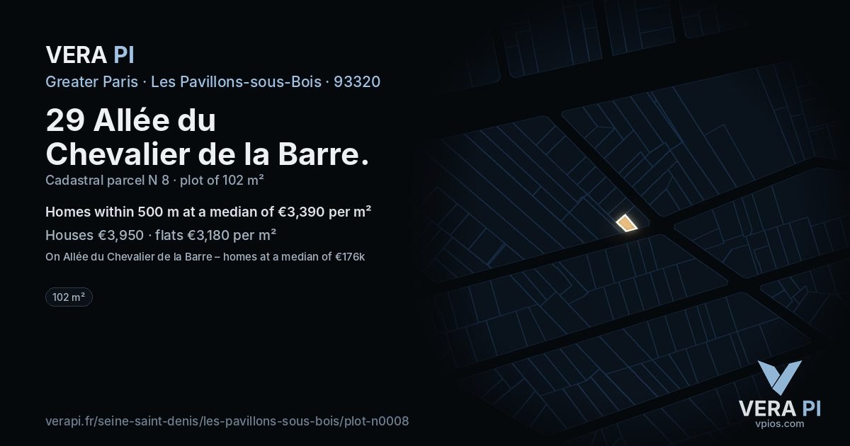 29 Allée du Chevalier de la Barre, Les Pavillons-sous-Bois at night – the plot lit, the parcels around coloured by the prices near them