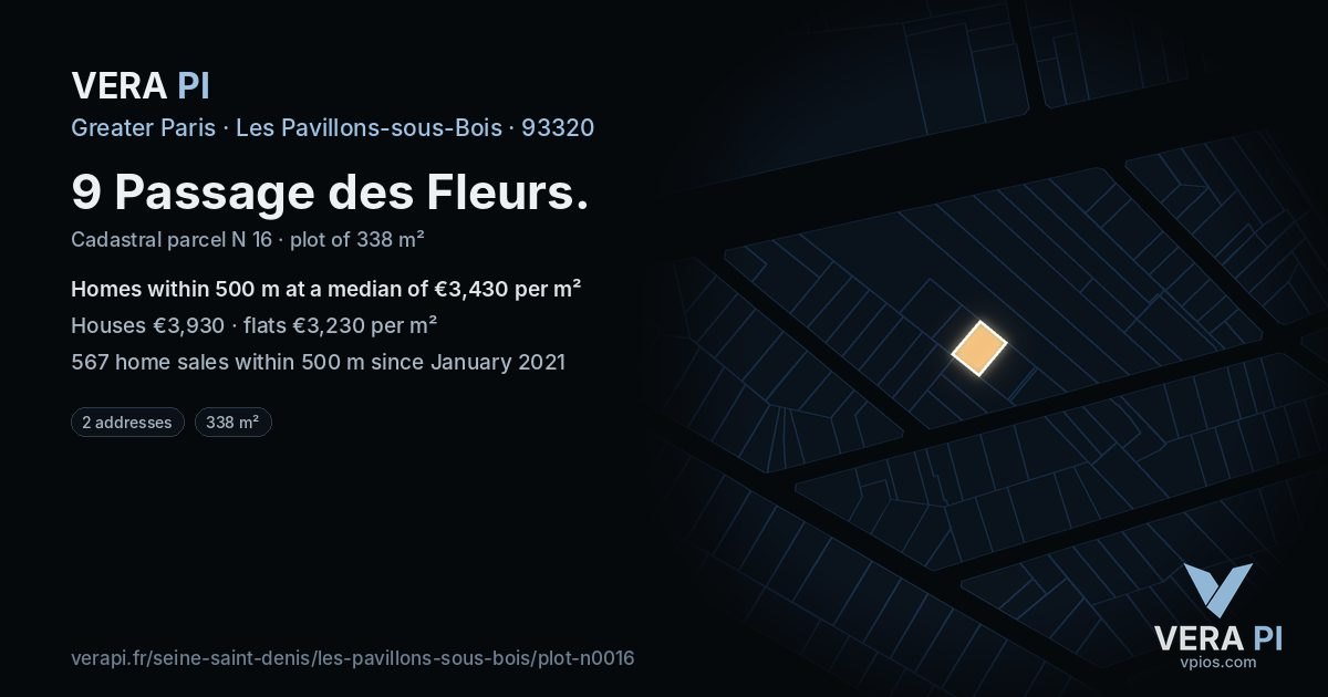 9 Passage des Fleurs, Les Pavillons-sous-Bois at night – the plot lit, the parcels around coloured by the prices near them