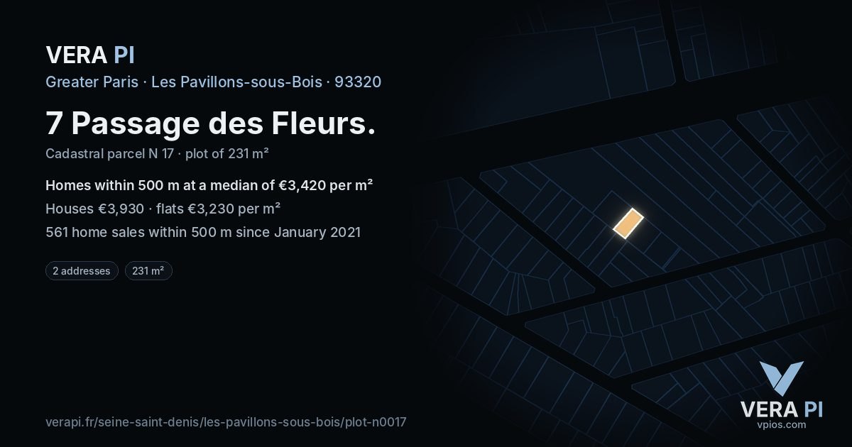 7 Passage des Fleurs, Les Pavillons-sous-Bois at night – the plot lit, the parcels around coloured by the prices near them