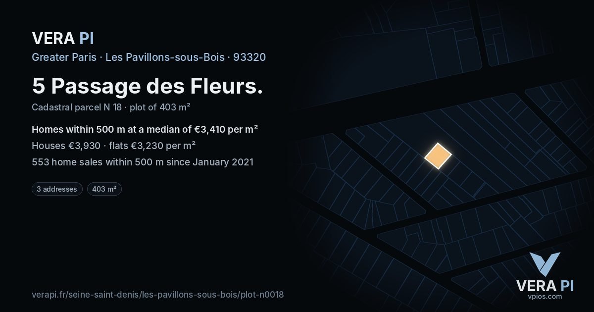 5 Passage des Fleurs, Les Pavillons-sous-Bois at night – the plot lit, the parcels around coloured by the prices near them