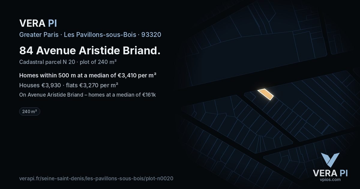 84 Avenue Aristide Briand, Les Pavillons-sous-Bois at night – the plot lit, the parcels around coloured by the prices near them