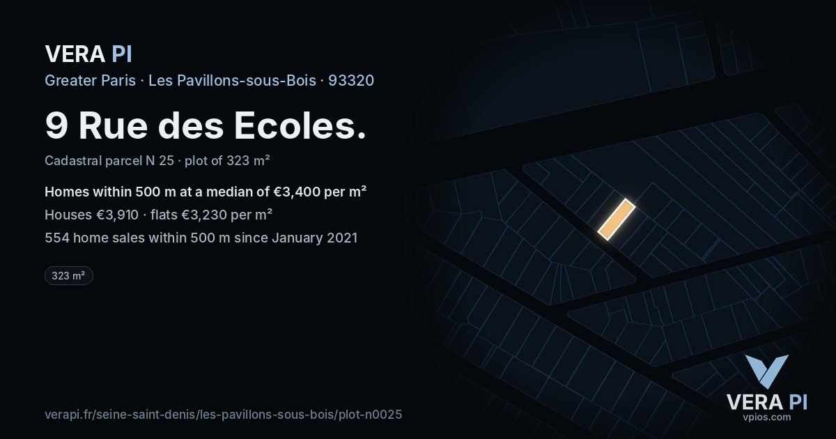 9 Rue des Ecoles, Les Pavillons-sous-Bois at night – the plot lit, the parcels around coloured by the prices near them