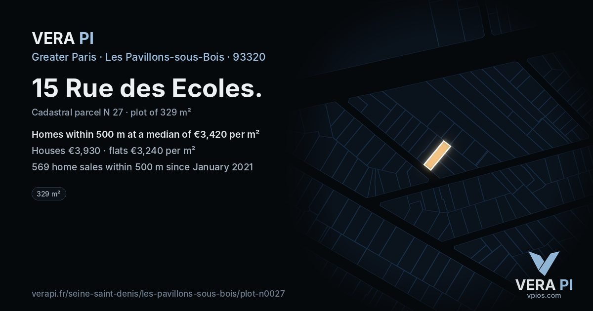 15 Rue des Ecoles, Les Pavillons-sous-Bois at night – the plot lit, the parcels around coloured by the prices near them