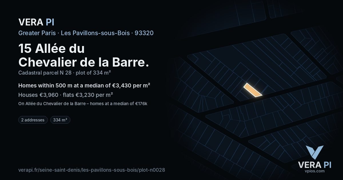 15 Allée du Chevalier de la Barre, Les Pavillons-sous-Bois at night – the plot lit, the parcels around coloured by the prices near them